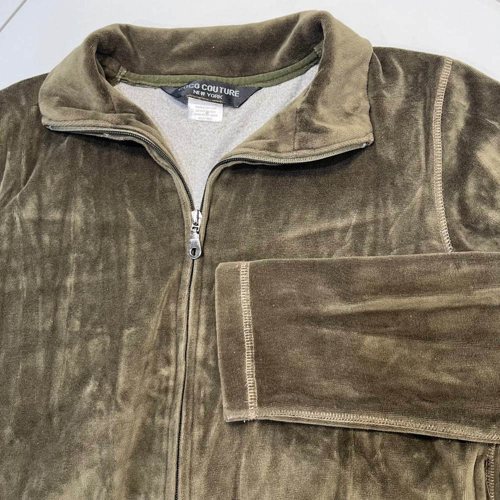 Vtg COCO COUTURE NEW YORK Velour Track Jacket Sz M Zip Up Olive Green Forest